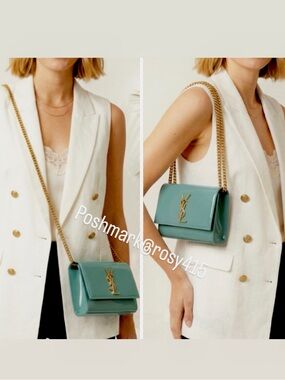 RARE COLOR💎Saint Laurent Kate Patent Leather Crossbody Bag Vintage Sage YSL Kate